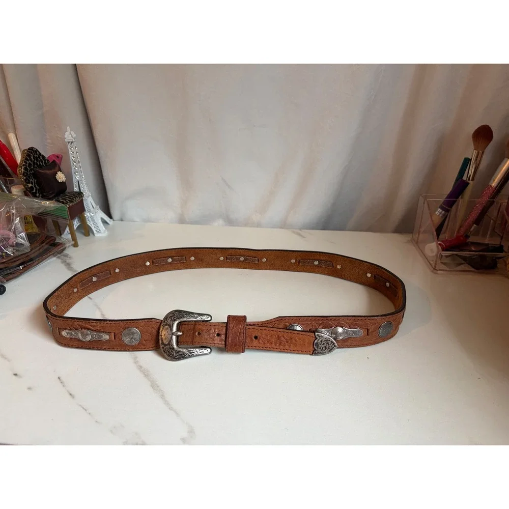 Vintage Leegin 1993 Mens Brown Tooled Leather Western Concho Ranger Belt Size 40
